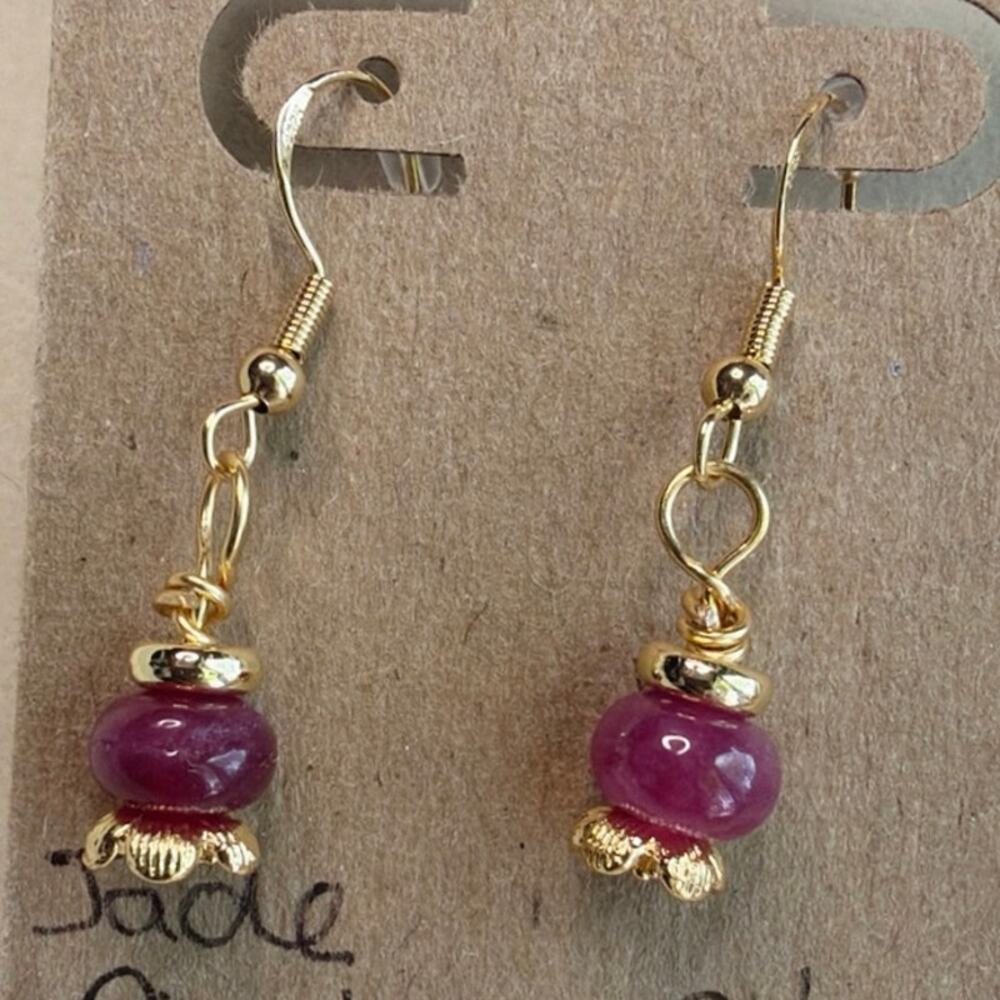 Jade Gemstone Earrings, Red, Maroon, Gold Over Sterling Silver, Flower